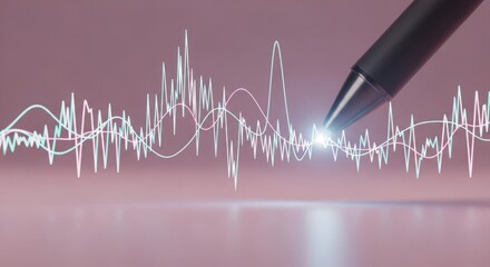 A pen pointing at a bright spot on a line graph with a pink background and reflective surface below