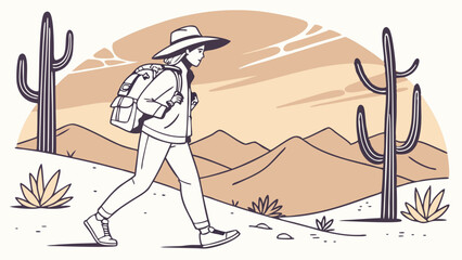 Adventurous Hiker Walking Through Desert Landscape with Backpack.