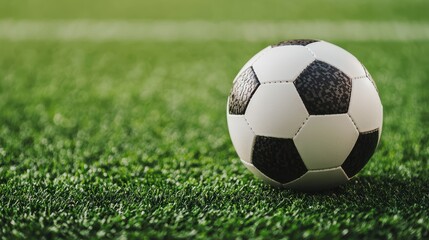Fototapeta premium Close Up View of Soccer Ball on Green Artificial Turf Field in Natural Light