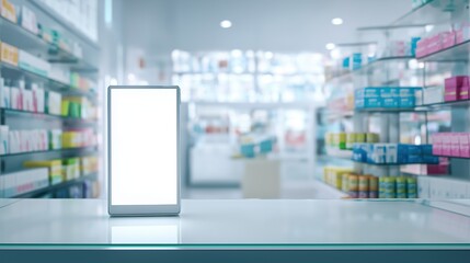 Vertical Blank Screen Monitor on Glass Counter in Modern Pharmacy