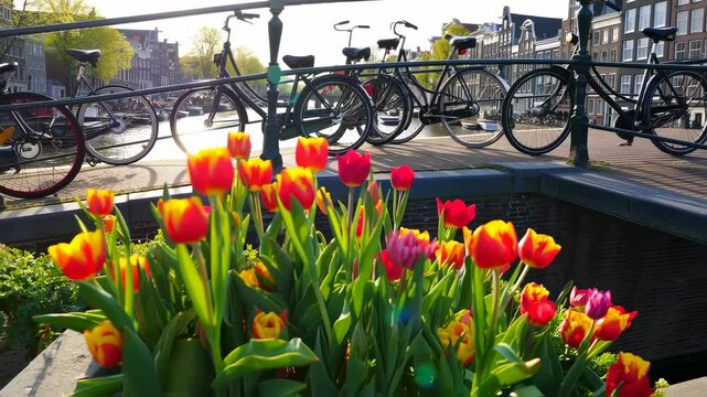 Charming Amsterdam canal bridge featuring vibrant tulips and vintage bicycles parked