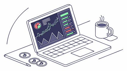 Cryptocurrency Trading Illustration with Laptop Coins and Coffee Cup.