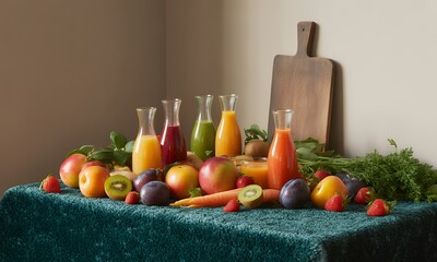Vibrant Fruit and Vegetable Juice Assortment Featuring Apples Plums and Kiwis with Colorful Jucie in Glass Carafes on Textured Teal Surface in Studio Shot with Neutral Backdrop for Diet and Healthy