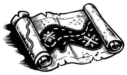 An old, unrolled treasure map with an "X" marking a spot, hinting at adventure.
