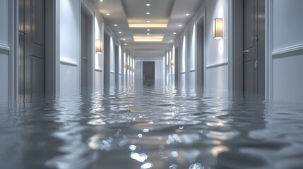 Hotel hallway flooded with water.