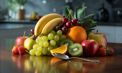 Vibrant Fruit Arrangement on Wooden Kitchen Table Featuring Apples Bananas Grapes Oranges Kiwis Pineapples Cherries and Strawberries Showcasing Freshness and Nutritional Health for A Balanced Diet