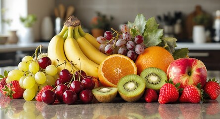 Vibrant Fruit Medley Featuring Bananas Grapes and Citrus Arranged on Kitchen Countertop with Blurred Background for Fresh and Nutritious Diet Concept with a Colorful Variety of Apples Kiwis and