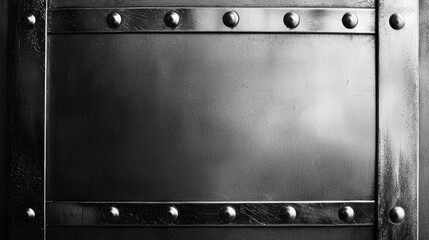 Obraz premium A metallic, industrial-looking frame with rivets and a textured surface, featuring a blank, empty central panel.