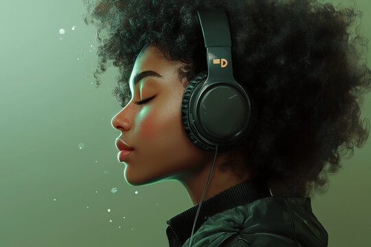 Beautiful African American woman listening on headphones. Social media player application. 