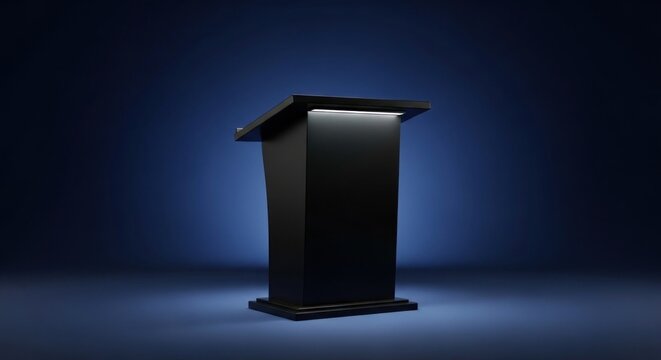 A sleek black podium stands illuminated against a deep blue backdrop in a minimalist presentation scene
