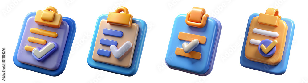 Poster 3d clipboard icon set for task management and organization with checkmarks representing completion a