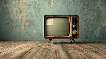 An old, vintage television set with a green screen in a room with a wooden floor and a blue wall.