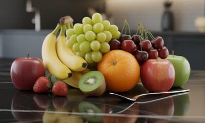 Vibrant Fruit Still Life Featuring Apples Bananas Grapes and Strawberries on a Reflective Black Countertop with a Blurred Kitchen Backdrop Healthy Eating and Wellness Concept and Organic Arrangement