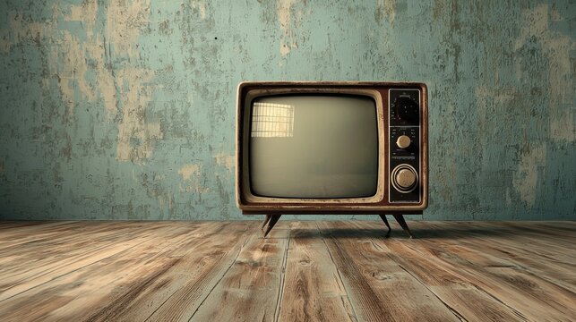 An old, vintage television set with a green screen in a room with a wooden floor and a blue wall.
