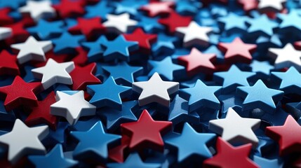 A collection of red, white, and blue star-shaped objects scattered across a dark blue background.