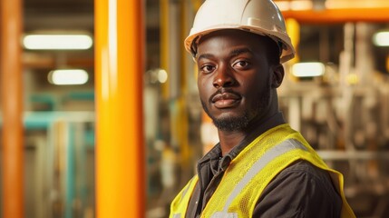 A man in a hard hat and safety vest standing in a factory setting.