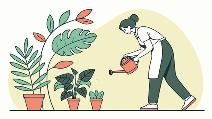 Woman Watering Houseplants with a Watering Can.