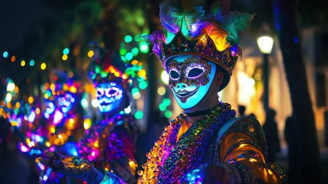 Illuminated revelers in vibrant masks and costumes at a nighttime parade