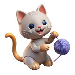 3d cute kitten playing with yarn ball isolated on transparent background