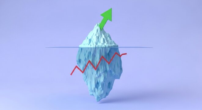 Iceberg with green arrow on top and red line below water on a light blue background illustration