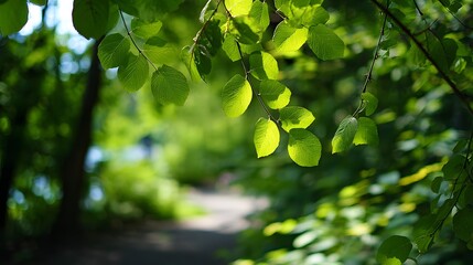 Sunlit Green Leaves in a Forest Path,