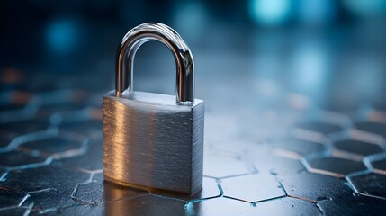 Secure Padlock on Hexagon Surface Digital Security Concept