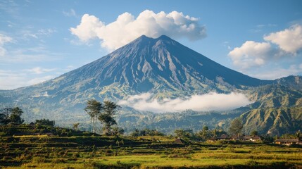 A majestic mountain peak rising above lush green fields and a small village, with a blue sky and scattered clouds in the background.