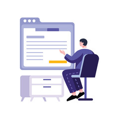 Man Sitting Pointing at Large Violet Screen Graphic in Flat Design