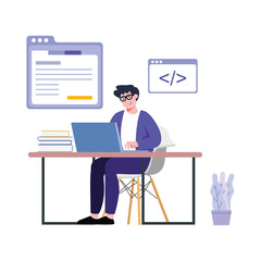 Man Coding on Laptop at Desk with Files, Vector Illustration