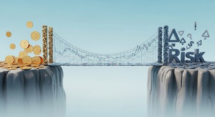 A bridge connecting money and risk on cliffs with stock market line in the background under blue sky