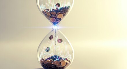 Hourglass filled with coins and stock market graphs on a light yellow background in studio shot
