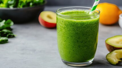 Refreshing Green Smoothie with Fresh Fruits and Vegetables on a Gray Background