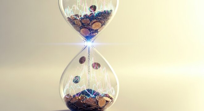 Hourglass filled with coins and stock market graphs on a light yellow background in studio shot