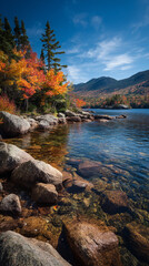 A beautiful autumn scene at the awe-inspiring Little Beauty Lake in Lobster Potion Park. The forest trees display vibrant fall colors, and rocks line the shore.