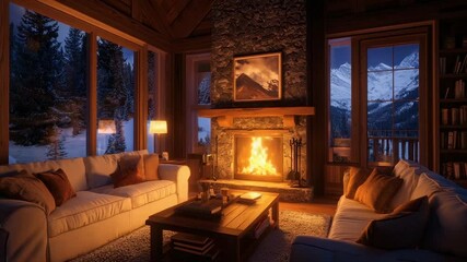 Cozy cabin living room with fireplace, snowy mountain view