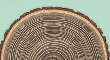 A close up of a cut tree trunk showing the rings and bark against a light green background color