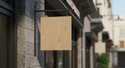 Blank Wooden Signboard Hanging on a Building Exterior