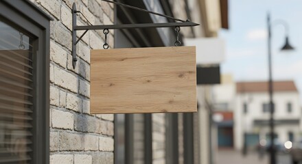 Blank Wooden Signboard Hanging on Brick Wall Mockup for Business Signage
