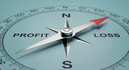 A close up of a compass with profit and loss indicators on a light blue background surface view