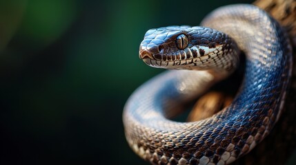 Obraz premium Detailed Close-Up of a Glossy Snake Displaying Intricate Scales and Captivating Eyes in Natural Habitat