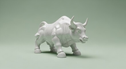 A white bull figurine stands on a light green surface in a studio setting with soft lighting effects