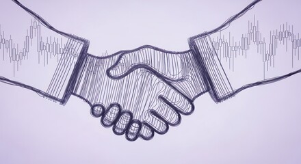 A sketch of two hands shaking with graph patterns on the sleeves on a light purple background