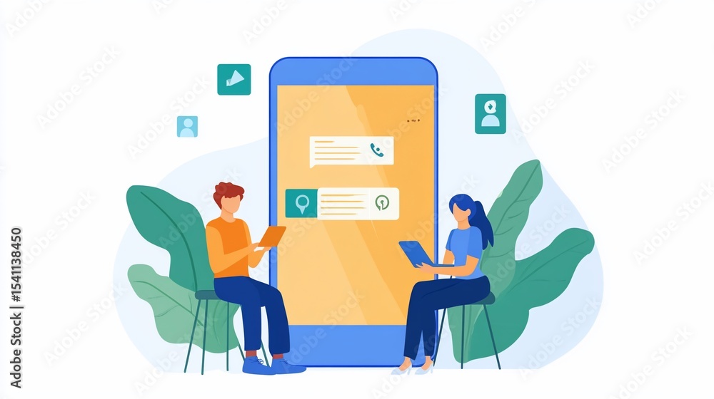 Poster conceptual illustration of a mobile app with users in digital communication