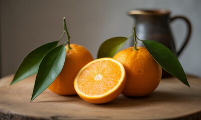 Vibrant Orange Citrus Fruit Arrangement with Green Leaves on Rustic Wood Featuring Sliced Orange and Pitcher on Soft Grey Background for Health and Nutrition Concepts Eye Level Shot