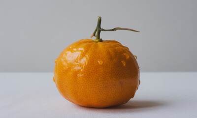 Vibrant Orange Citrus Fruit with Water Droplets on White Table Against a Gray Backdrop, Featuring its Textured Peel and Green Stem, Perfect for Promoting Health and Wellness, Isolated Studio Still