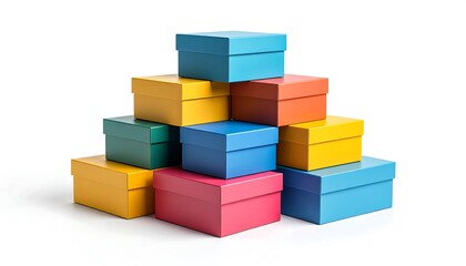 Stack of colorful gift boxes on white.