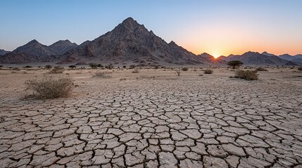 Dried earth landscape at sunrise with cracked ground and mountains.