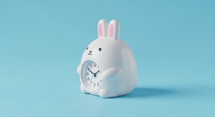A white bunny shaped alarm clock with pink ears sitting on a light blue surface in a studio setting