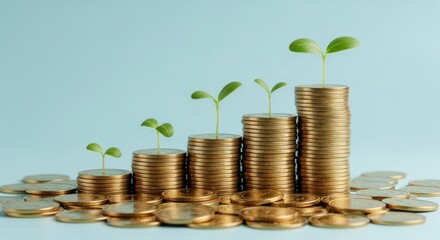 Stacks of gold coins with small green plants growing out of the top on a light blue background view