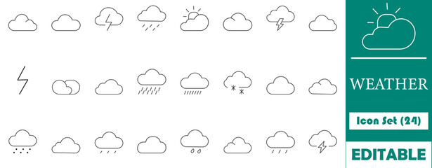 Minimal line weather icon set featuring clouds, rain, sun, storm, and snow. Perfect for UI, apps, forecasts, and infographics. Fully editable and modern design.